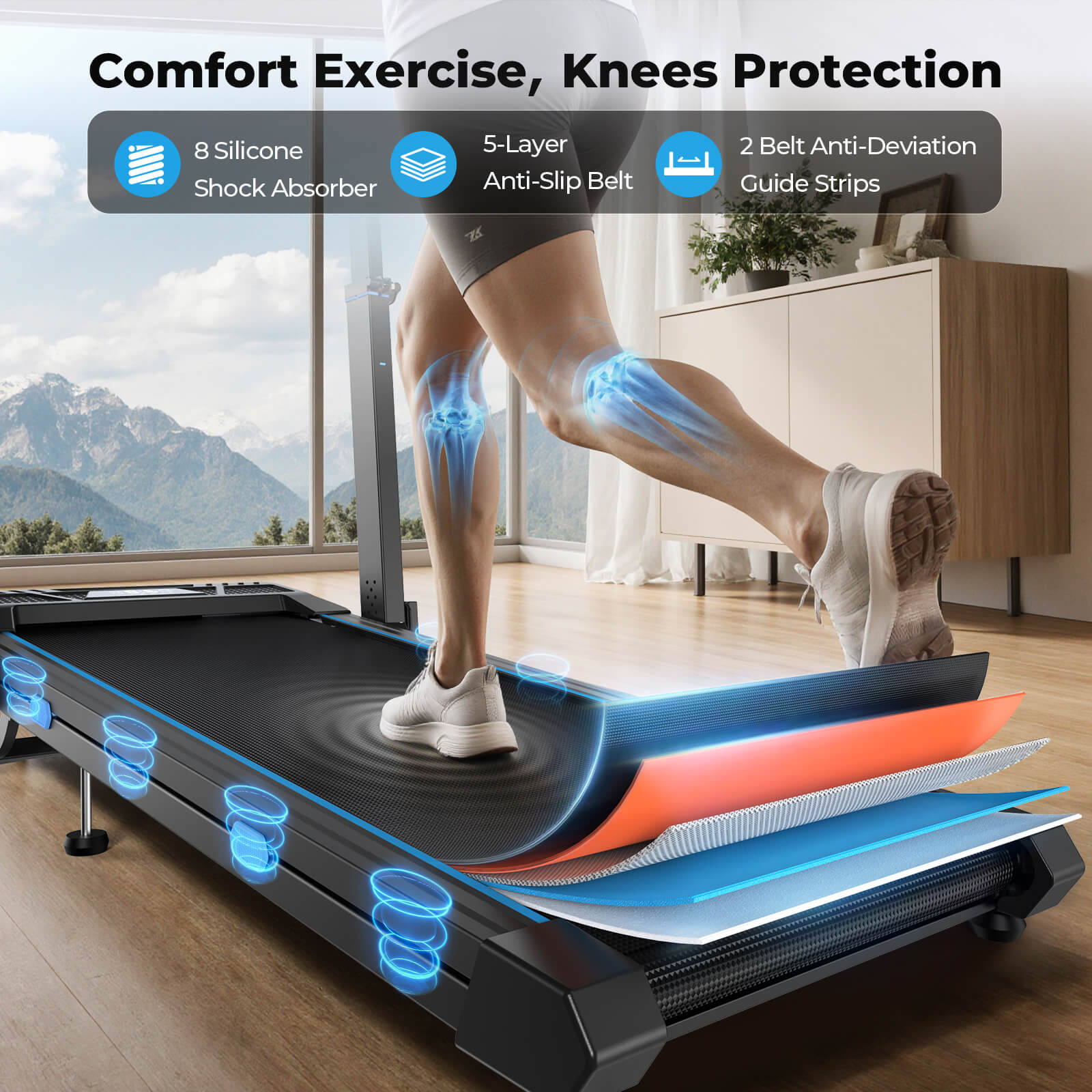 TM032 Height-Adjustable Treadmill with 10% Auto Incline, 8 silicone shock absorbers & 5-layer anti-slip belt protect knees during comfortable runs at home.