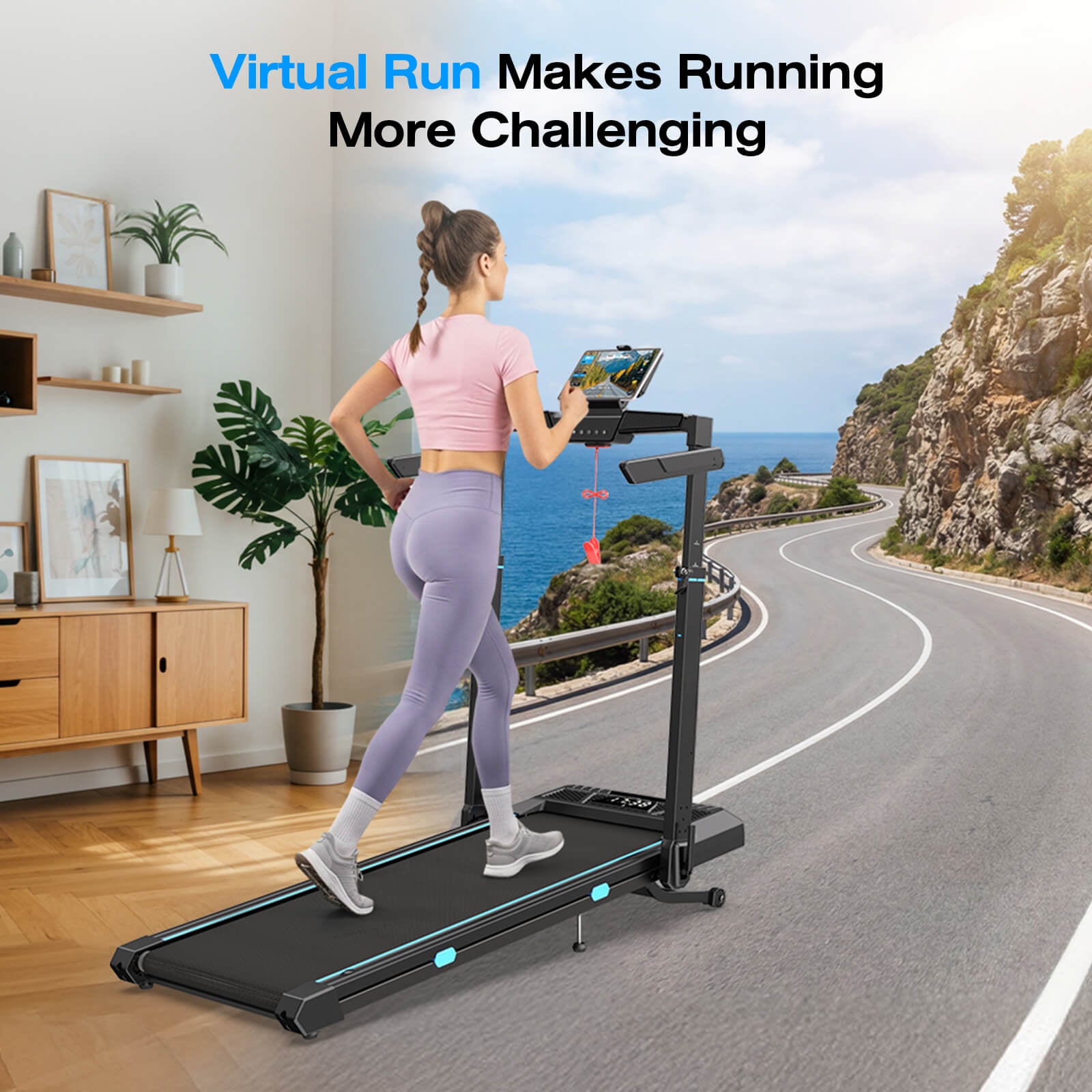 TM032 Height-Adjustable Treadmill with 10% Auto Incline, immersive real-scene running mode syncs with your screen to bring coastal roads and mountain views into your home workout.