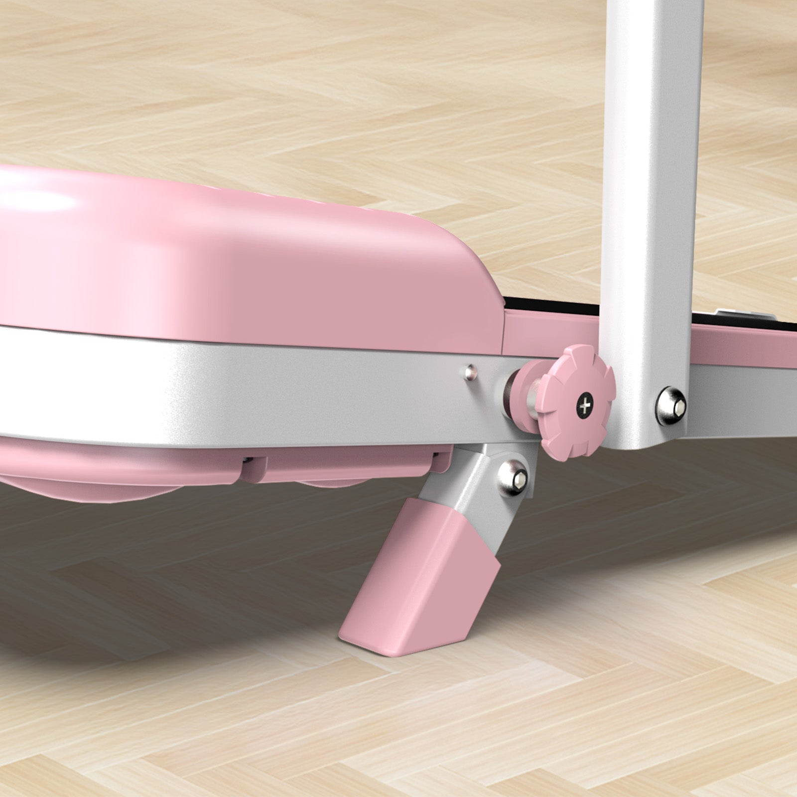 TM037 Pink Walking Pad folding treadmill with incline, sturdy pink support legs with anti-slip feet, stable base for safe home workouts, elegant minimalist design