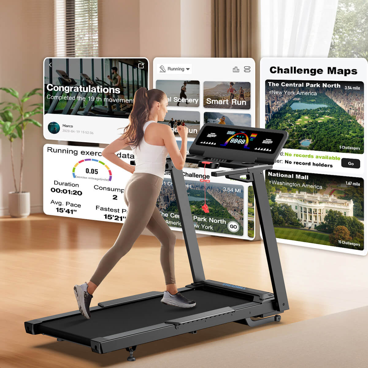 TM029 Pro Heavy Duty Treadmill offers immersive smart running with interactive challenge maps and real time exercise data tracking for motivating home workouts.